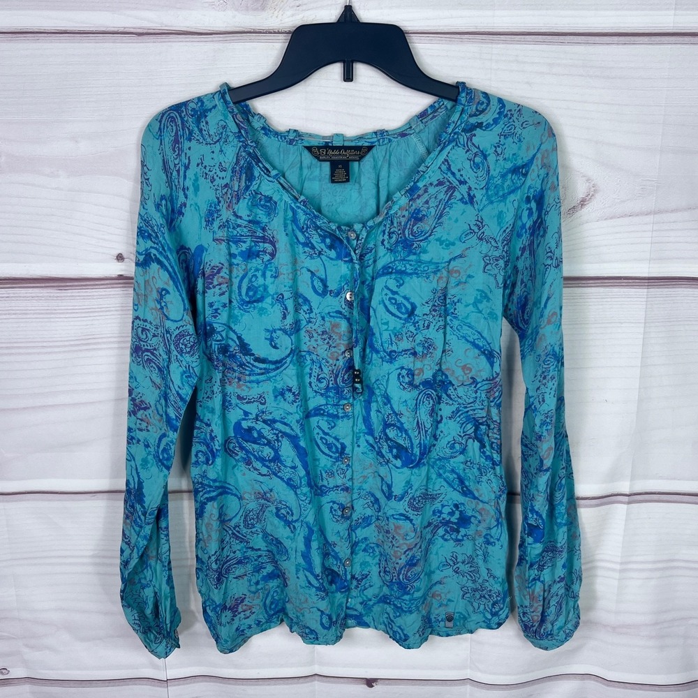 Noble Outfitters Top Womens XS Green Paisley Blouse Button Up‎ Tie Neck Woven